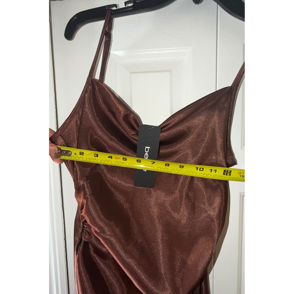 Bebe Women Brown Satin Cowl Neck Ruched Midi Dress - Picture 5 of 8